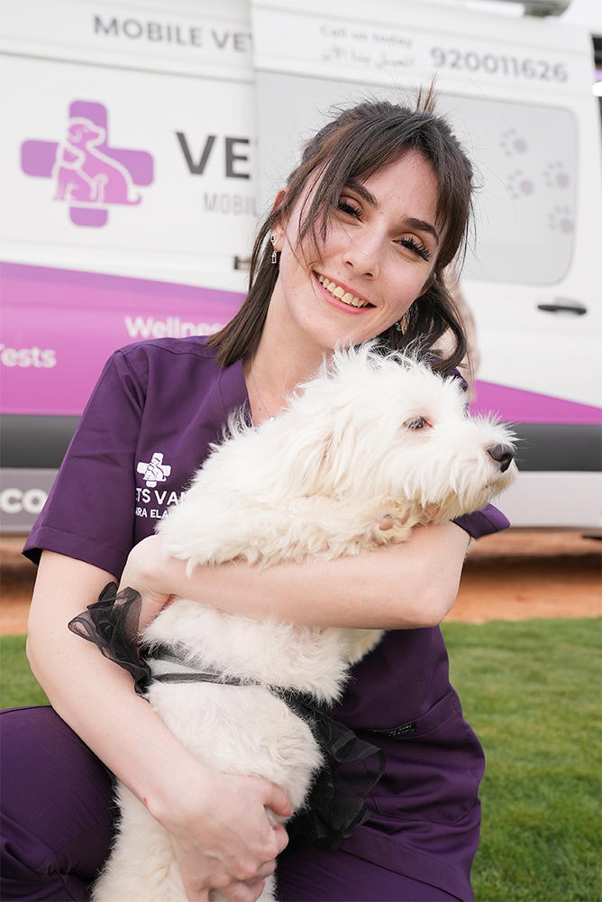 Client walking dog to Vets Van
